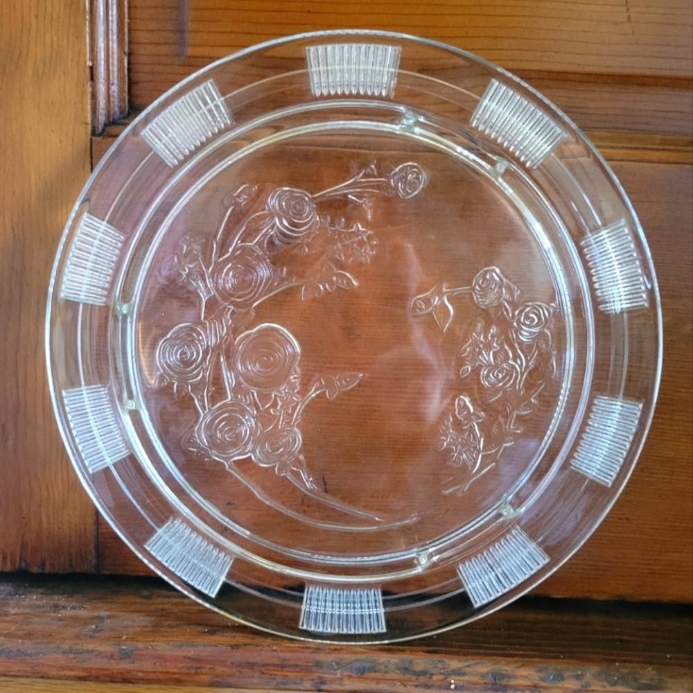 1930s Depression Clear Glass Elegant Footed Floral Cake Plate Stand Riser